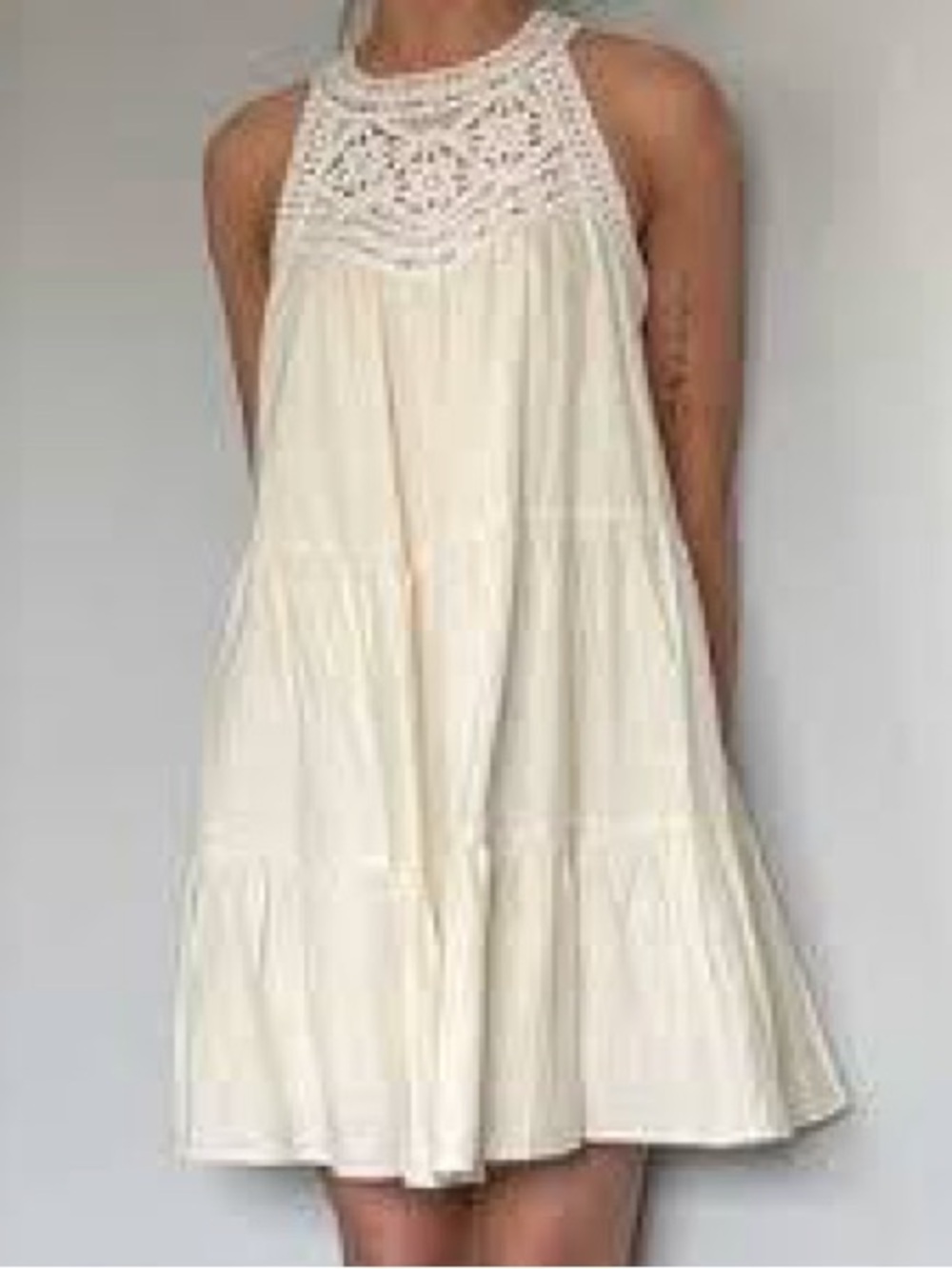 Sézane Women's Linen Blend Cream Crochet Yoke Dress Sizez 40 US 8